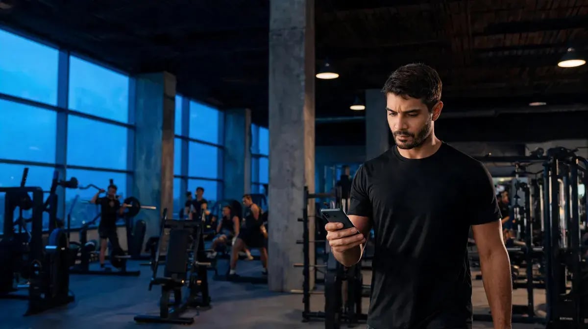 Entrenador de un centro fitness consultando Trainingym Staff en su móvil