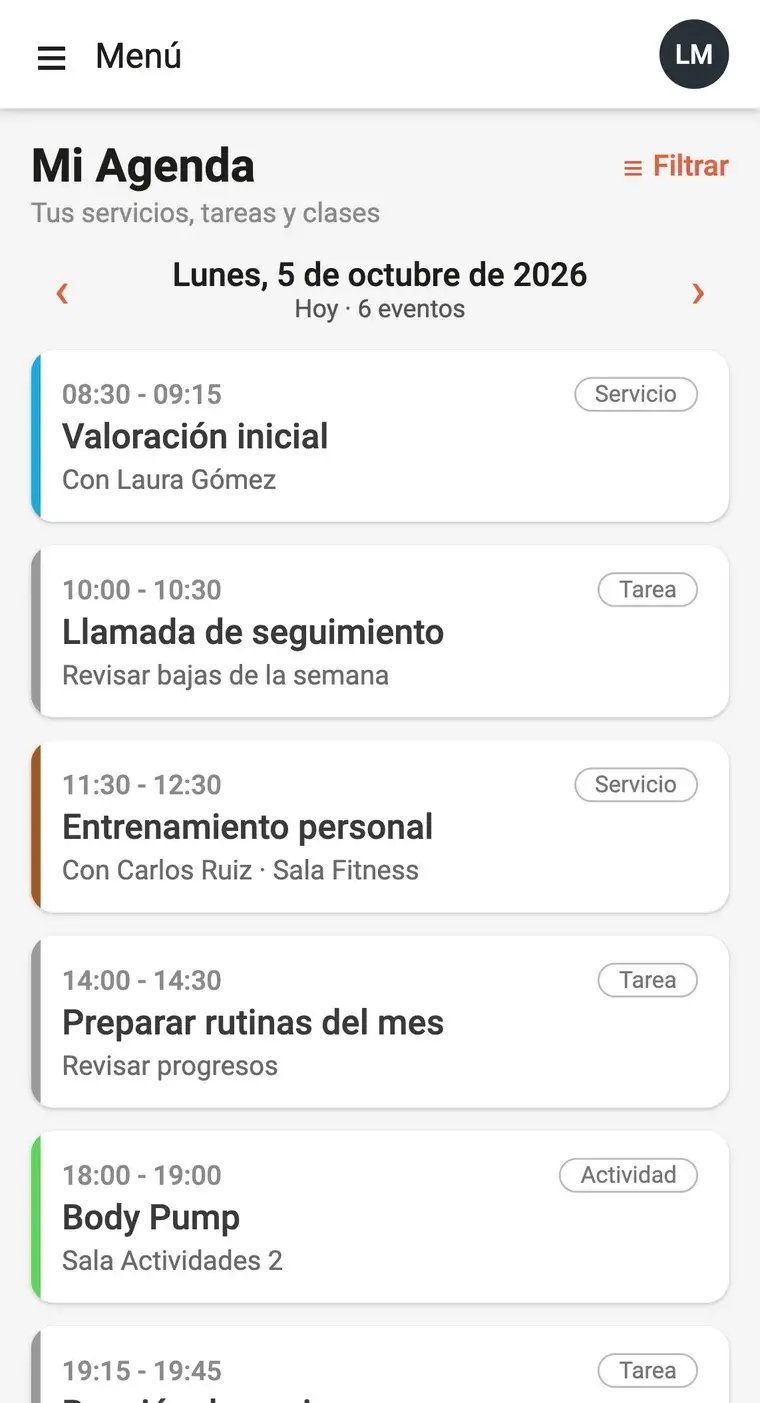 Pantalla Mi Agenda de Trainingym Staff