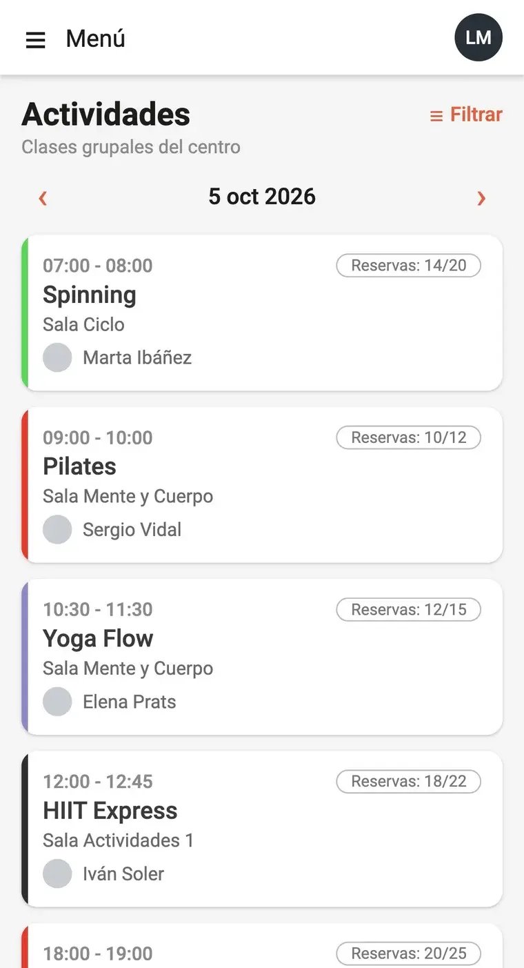 Pantalla Actividades de Trainingym Staff