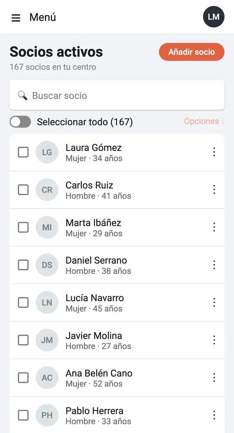 Pantalla Socios activos de Trainingym Staff