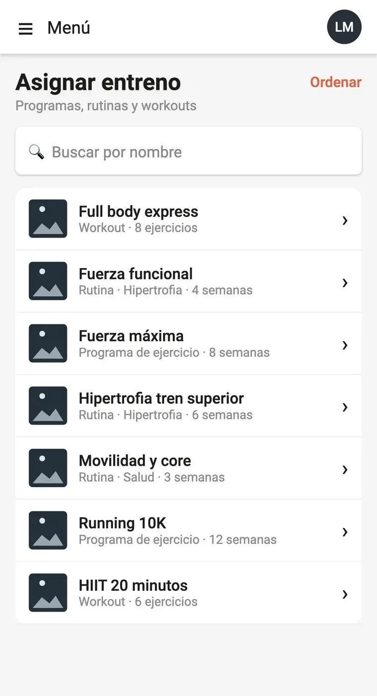Pantalla Asignar entreno de Trainingym Staff